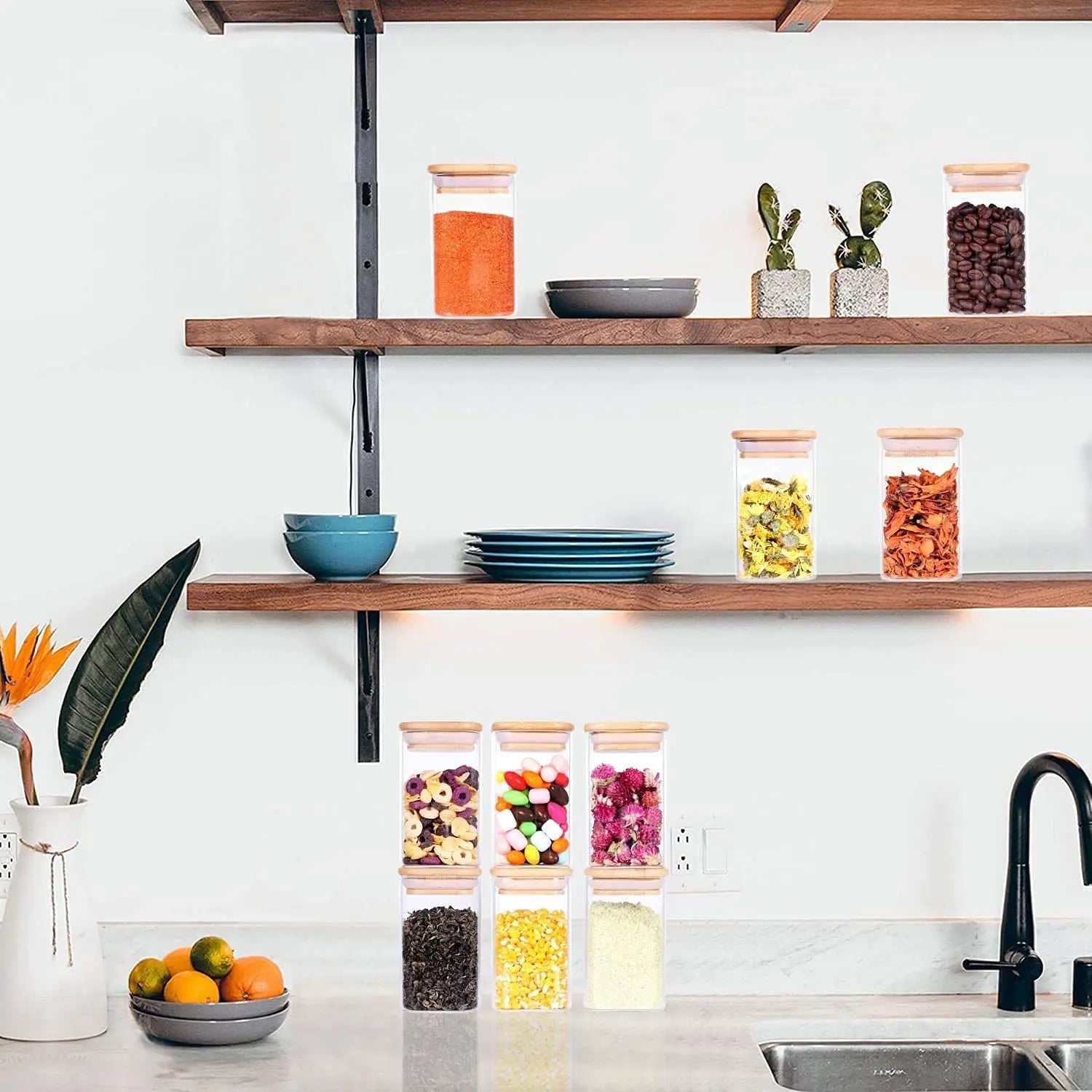 10 Piece Glass Spice Jars with Bamboo Lid, 8Oz Square Glass Storage Jars with Wooden Lid, Mini Jars with Label for Kitchen Pantry, Suit for Sugar, Salt, Coffee, Tea, Dry Food Storage